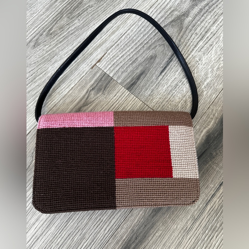 Vintage Kate Spade Needlepoint Pink, Red, & Brown Colorblock Clutch - Picture 2 of 10